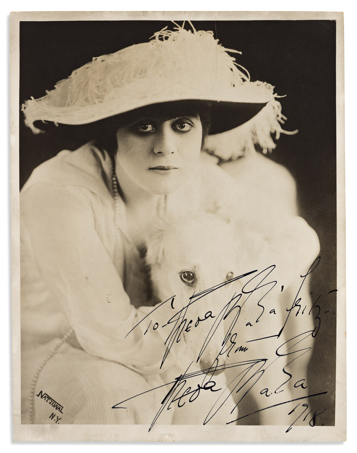 BARA, THEDA. Photograph Signed and Inscribed, to Theda Bara Fritz [a joke?], half-length portrait by National showing her in a broad-